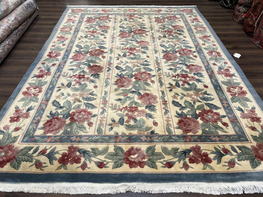 Chinese Wool Rug 8x11 Vintage 1960s Floral Garden Panel Handmade