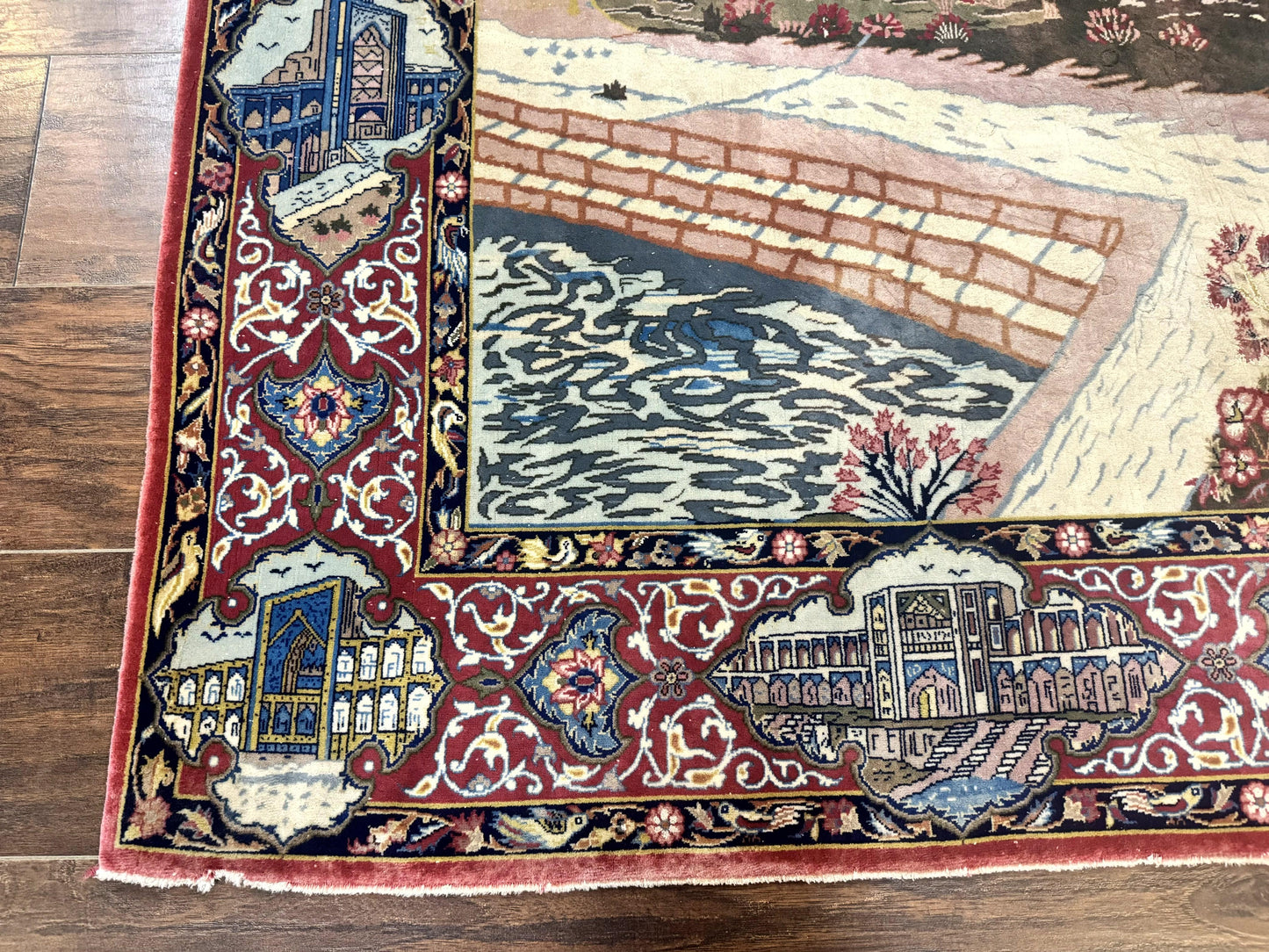 Persian Isfahan Pictorial Rug 3.6 x 5.7, Very Fine 400 KPSI, Historical Buildings, Signed By Masterweaver, Handmade