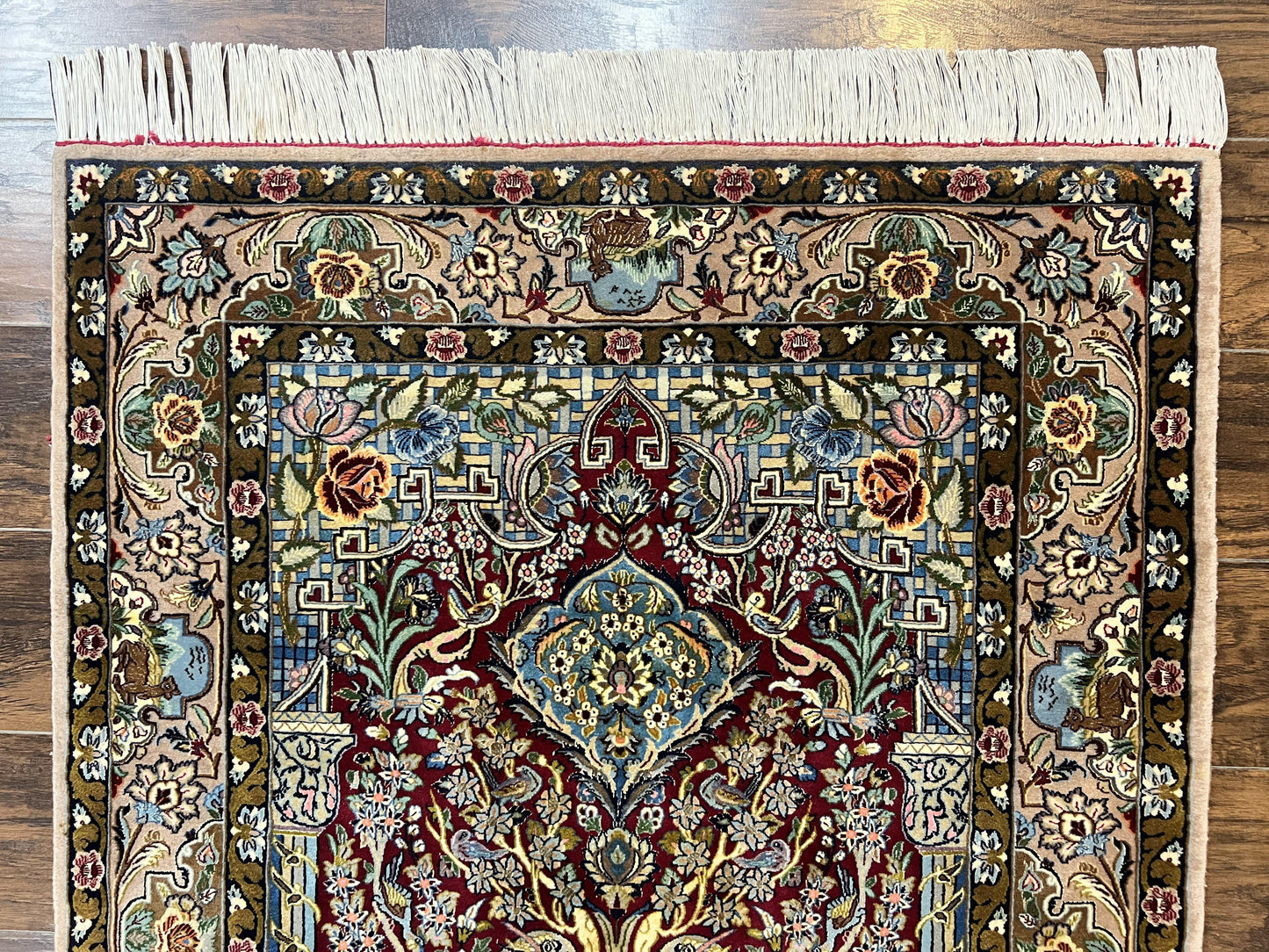 Marvelous Persian Isfahan Rug 3.7 x 5.6, Tree of Life and Animal Pictorials, Handmade Vintage Super Fine 600 KPSI, Kork Wool  Silk Highlights, Rare