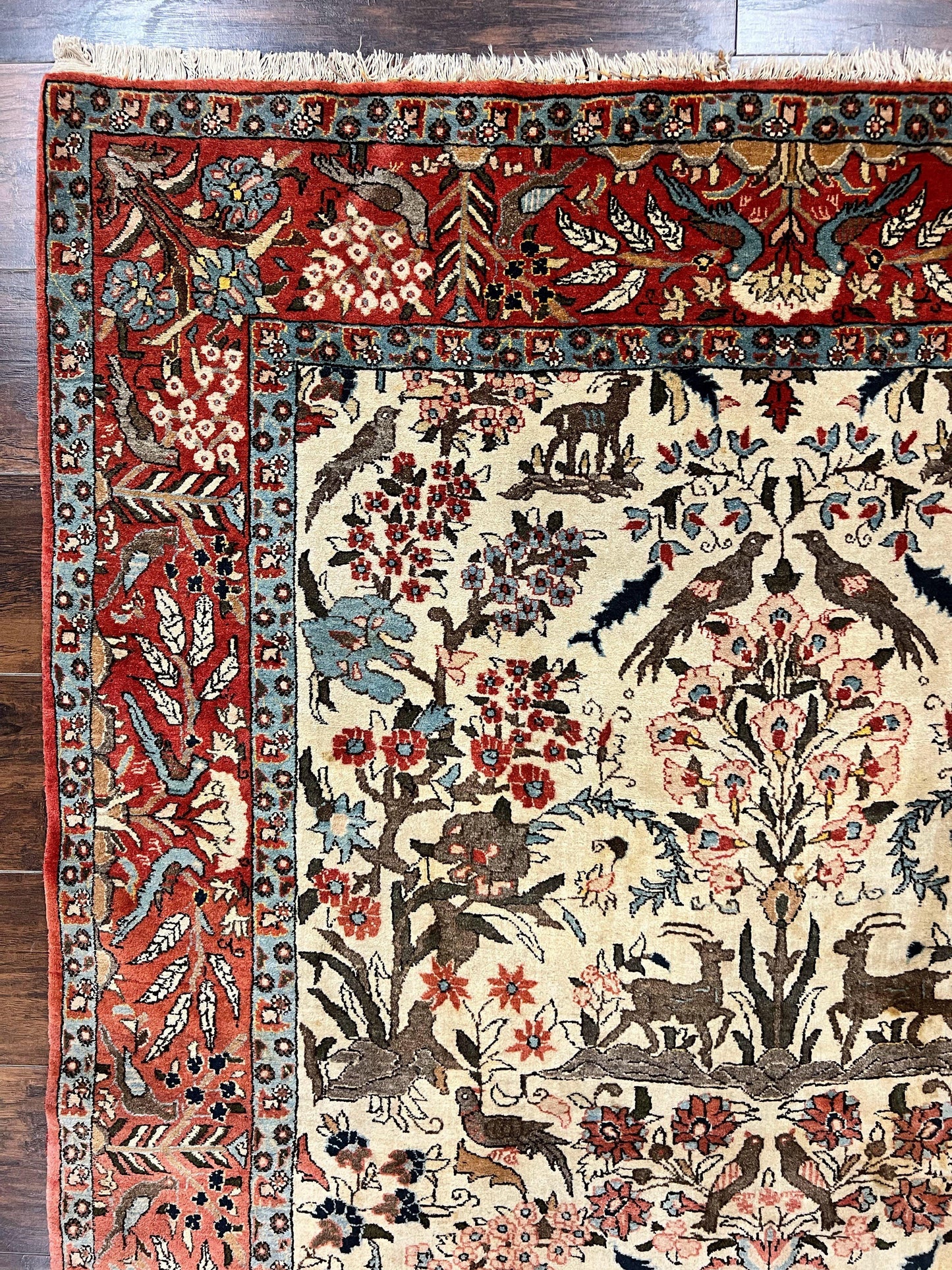 Persian Tree of Life 5x7, Qum Rug, Animal Motifs, Deer Birds, Fine 225 KPSI, Semi Antique Wool Rug, Cream Red