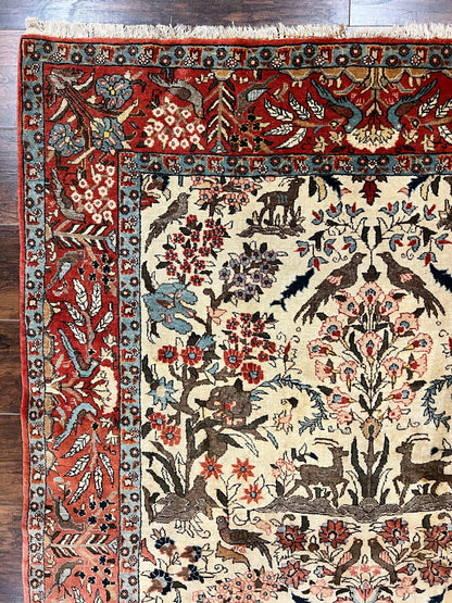 Persian Tree of Life 5x7, Qum Rug, Animal Motifs, Deer Birds, Fine 225 KPSI, Semi Antique Wool Rug, Cream Red