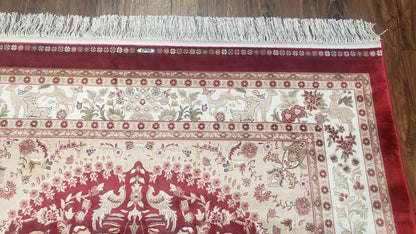 Silk Carpet 4x6 Dark Red & Cream, Tree of Life Rug, Animal Motifs, Birds Deer Rabbits, All Bamboo Silk, 4 x 6 Silk Area Rug