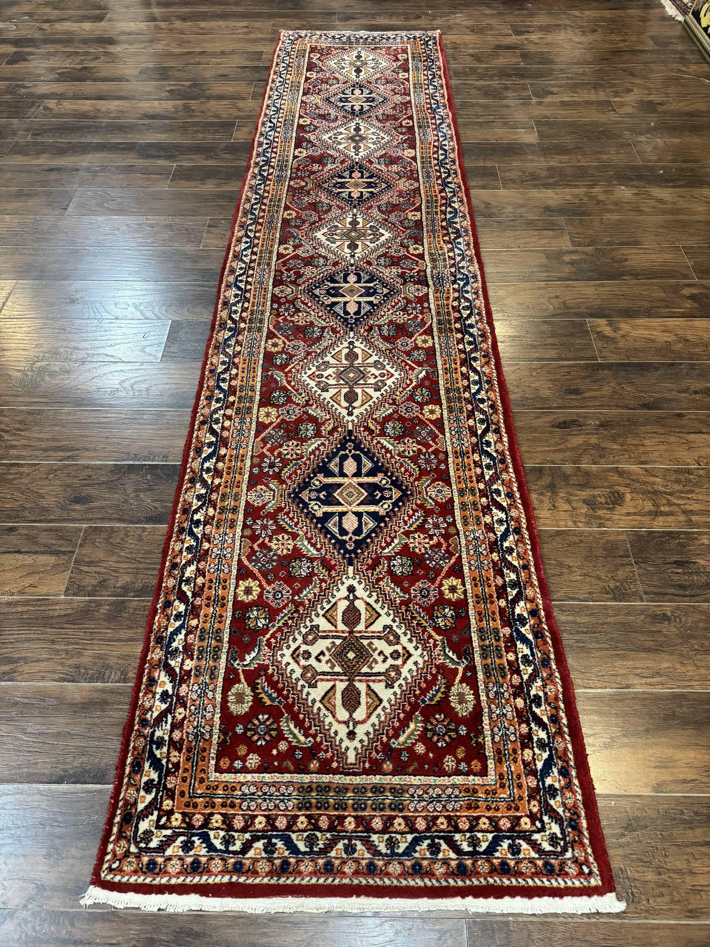 Antique Persian Qashqai Runner Rug 3 x 13 ft, Tribal Runner, Geometric Medallions, Red Ivory Blue, Wool