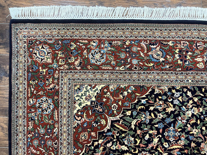 Indo Persian Rug 8x10 Floral Medallion Vintage Handmade Wool Carpet Navy Blue Red 300 KPSI