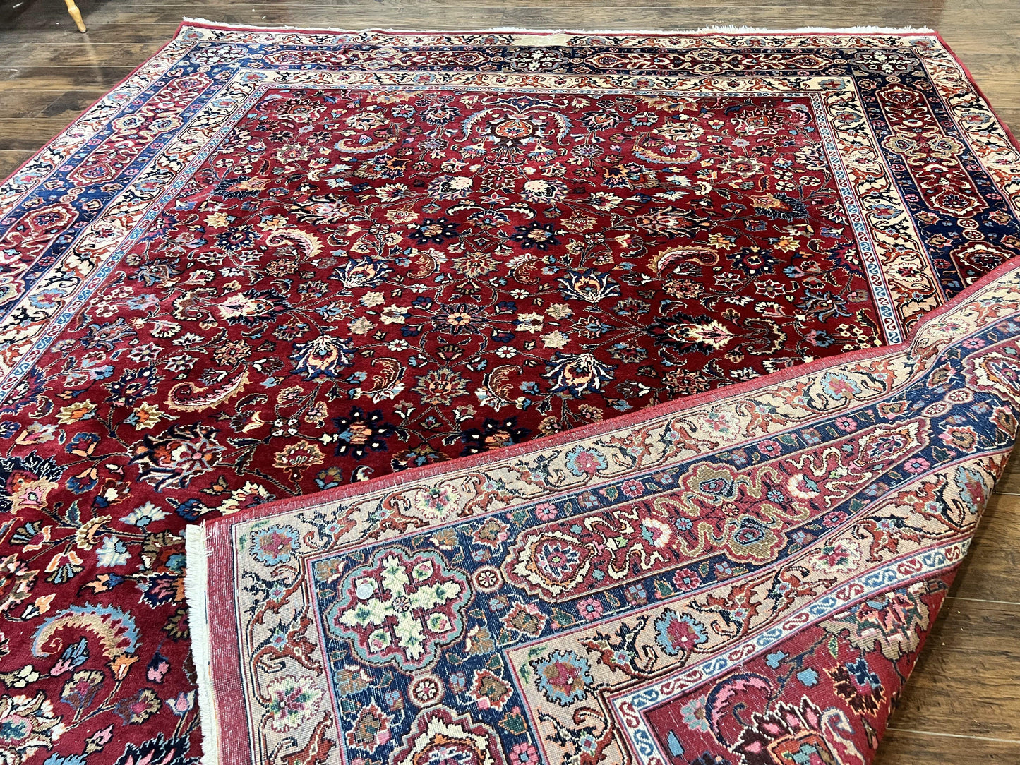 Signed Persian Mashad Rug 8x10, Wool Oriental Carpet, Semi Antique Rug, Hand Knotted, Traditional, Red, Floral Allover,