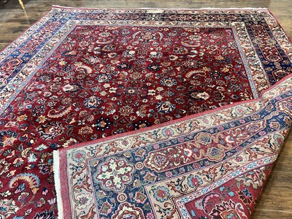 Signed Persian Mashad Rug 8x10, Wool Oriental Carpet, Semi Antique Rug, Hand Knotted, Traditional, Red, Floral Allover,