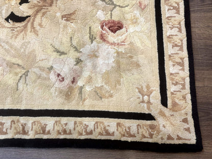 Aubusson Rug Chinese Wool 6x9 Black Floral Elegant Hand Knotted