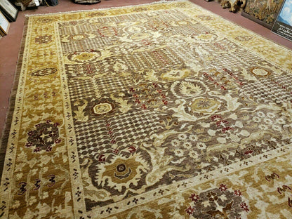 Pak Peshavar Chobi Agra Wool Carpet 10x14 Handmade Floral Pattern Rug Coffee Brown Gold