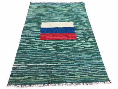 Kilim Area Rug Sea Green Handmade Wool Turkish Flatweave 5 Ft 6 In X 7 Ft 10 In