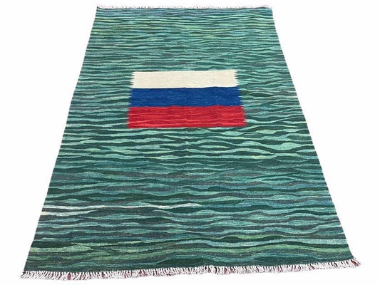 Kilim Area Rug Sea Green Handmade Wool Turkish Flatweave 5 Ft 6 In X 7 Ft 10 In