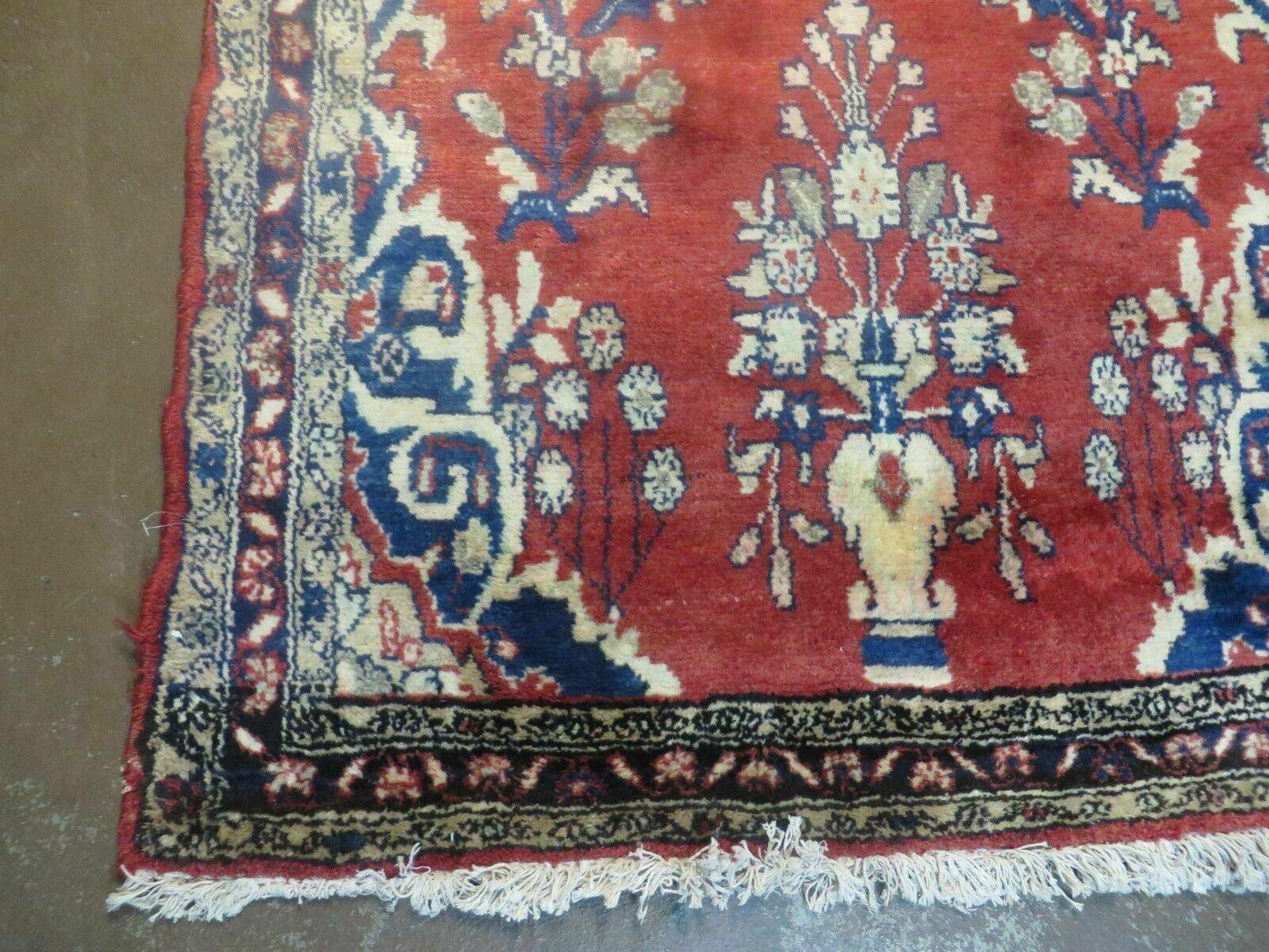 Persian Runner Rug 3 x 12, Antique Wool Oriental Runner, Floral Vases, Red & Navy Blue