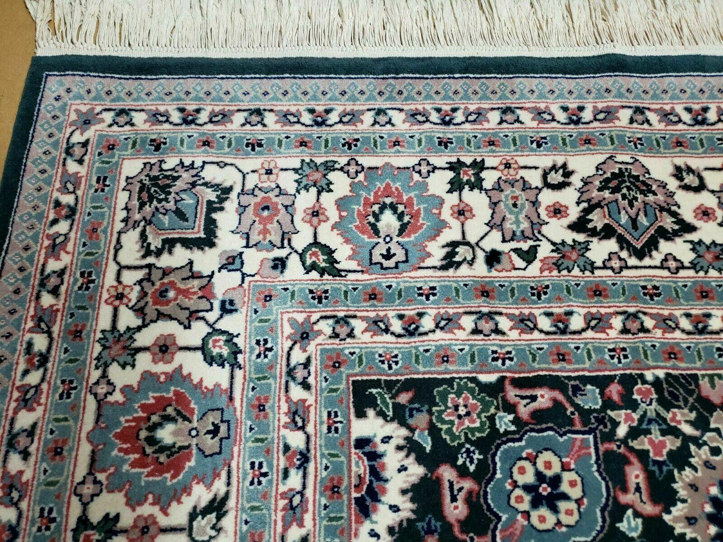 Handmade Indian Wool Rug 8x10 Vintage 1980s Oriental Floral Forest Green Organic Dye