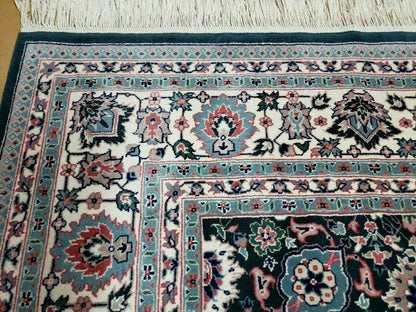 Handmade Indian Wool Rug 8x10 Vintage 1980s Oriental Floral Forest Green Organic Dye