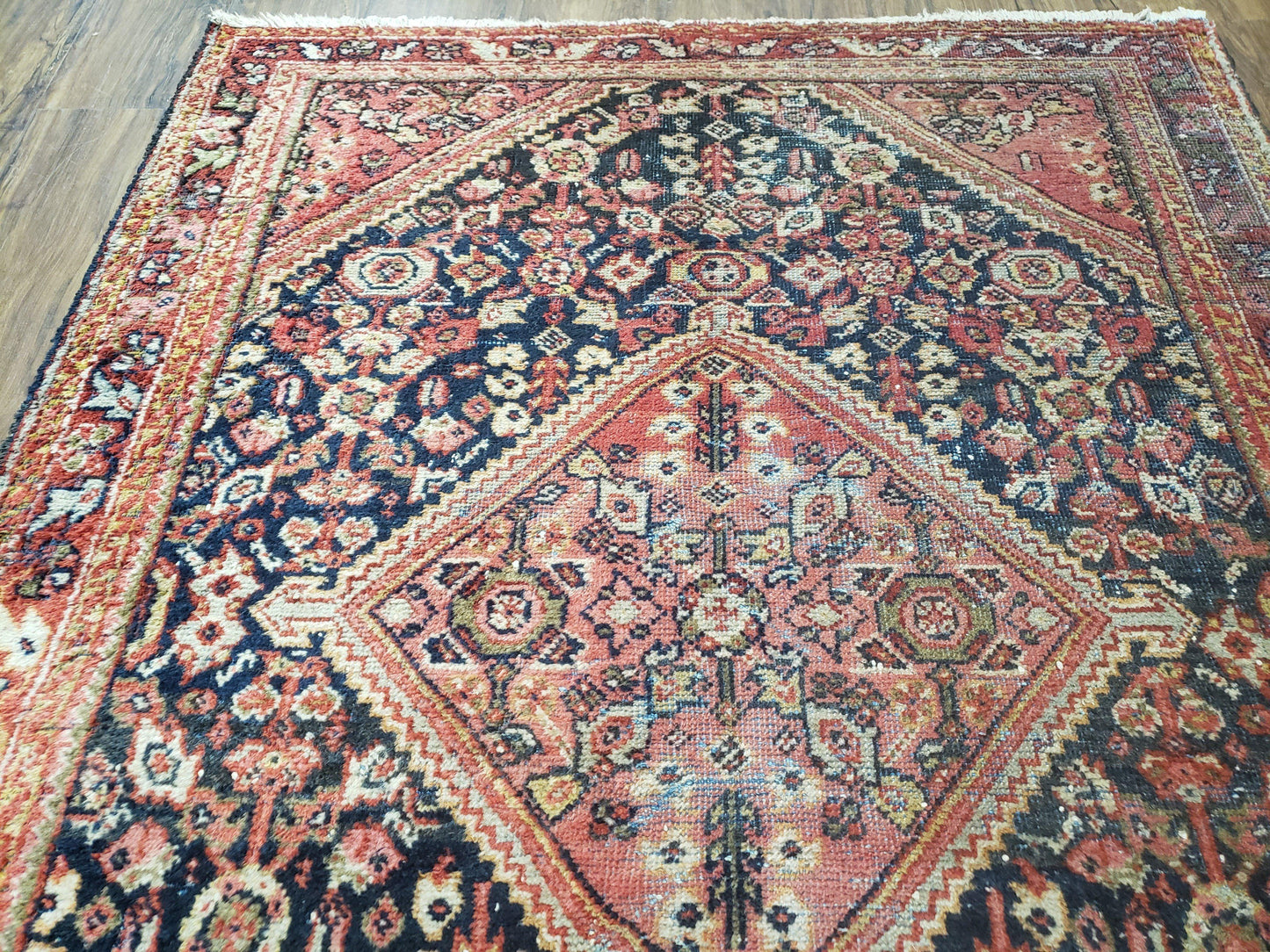 Antique Persian Mahal Area Rug 4.4 x 6.6, Wool Hand-Knotted Shabby Chic Oriental Rug, Red Black 1930s Foyer Room Carpet, Low Pile Boho Rug