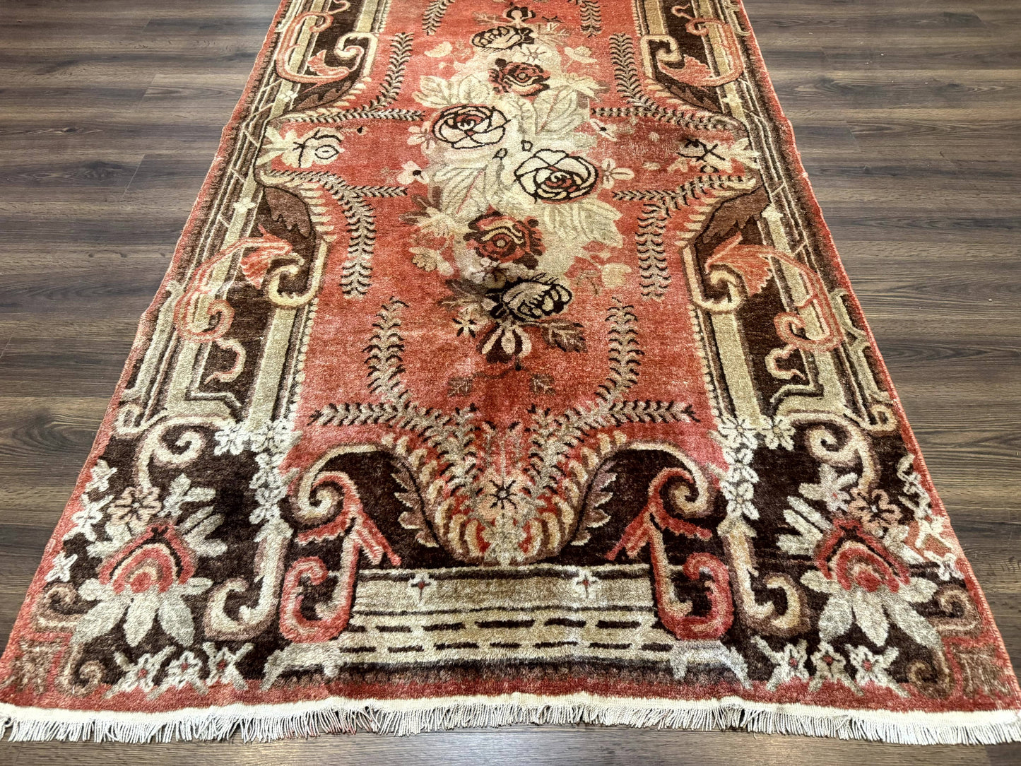 Khotan Rug 5x9 Floral Wool Carpet Terracotta Brown Antique Chinese Handwoven