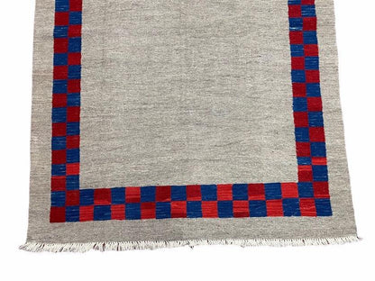 Geometric Kilim Rug Handmade Wool Hand Knotted Gray Blue Red Checkerboard