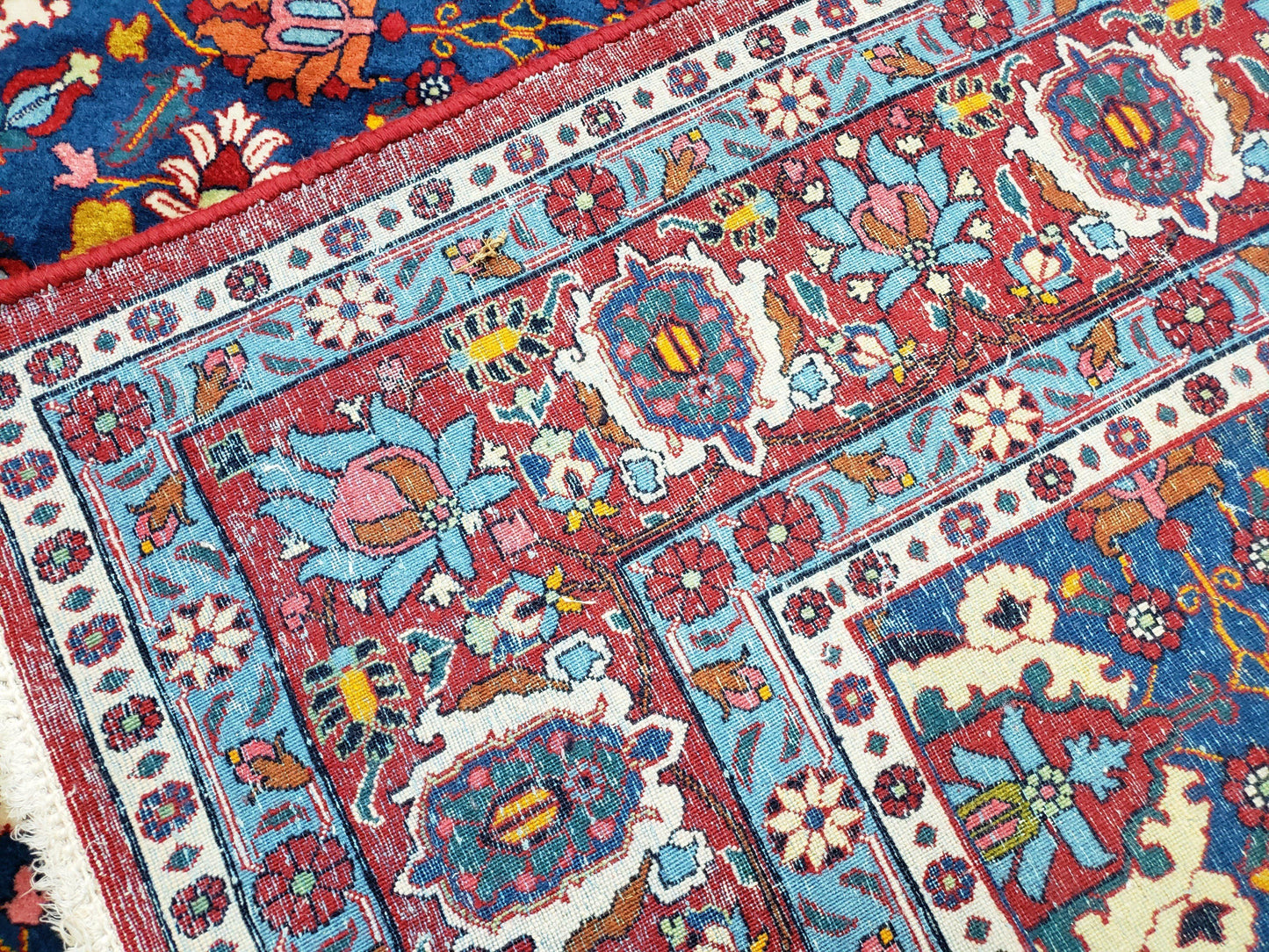 Rare Antique Persian Veramin Carpet, Mina-Khani Pattern, Blue, Red, Ivory, 7x11 ft, Hand-Knotted, Wool