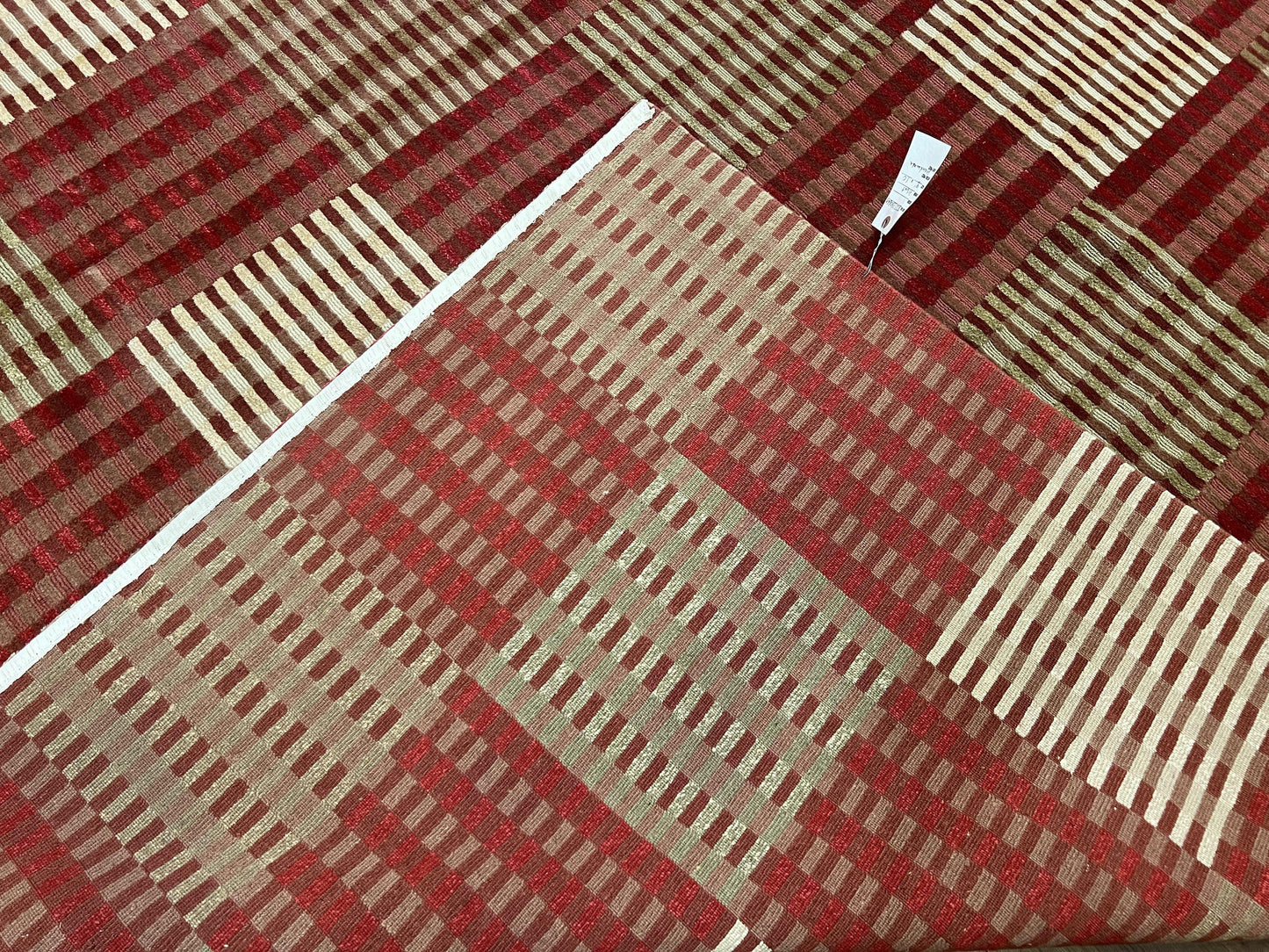 Modern Tibetan Rug 8x10, Hand Knotted Contemporary Nepali Carpet 8 x 10, Checkerboard Design, Red Cream Light Brown, Very Fine Wool & Silk