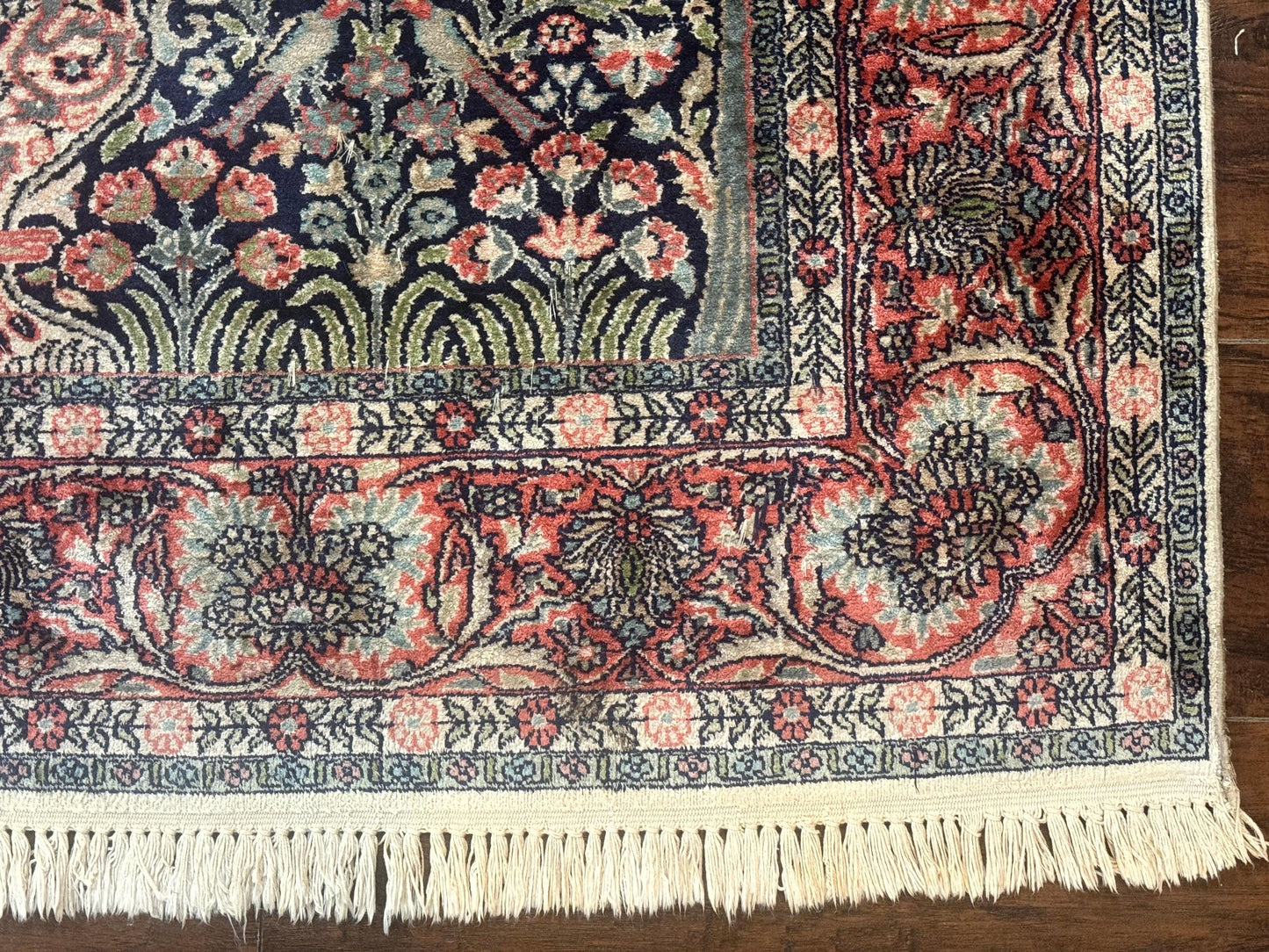 Kashmiri Silk Rug 4x6 Tree Of Life Birds Handmade Navy Red Oriental Carpet