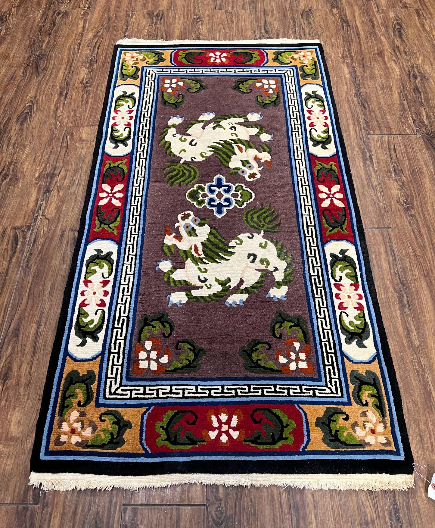 Chinese Art Deco Rug 3x5.5 Hand Knotted Wool With Animal Pictorials Vintage Peking Carpet