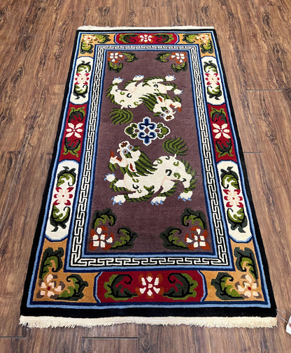 Chinese Art Deco Rug 3x5.5 Hand Knotted Wool With Animal Pictorials Vintage Peking Carpet