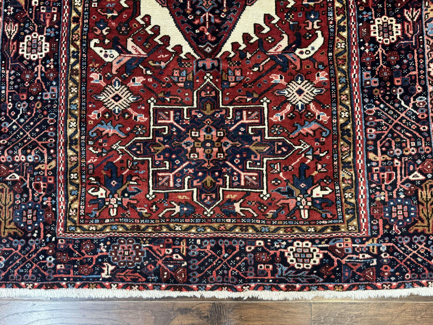 Persian Karajeh Rug 5x6, Antique Heriz Carpet, Geometric, Persian Tribal Rug, Brick Red Navy Blue