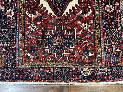 Persian Karajeh Rug 5x6, Antique Heriz Carpet, Geometric, Persian Tribal Rug, Brick Red Navy Blue