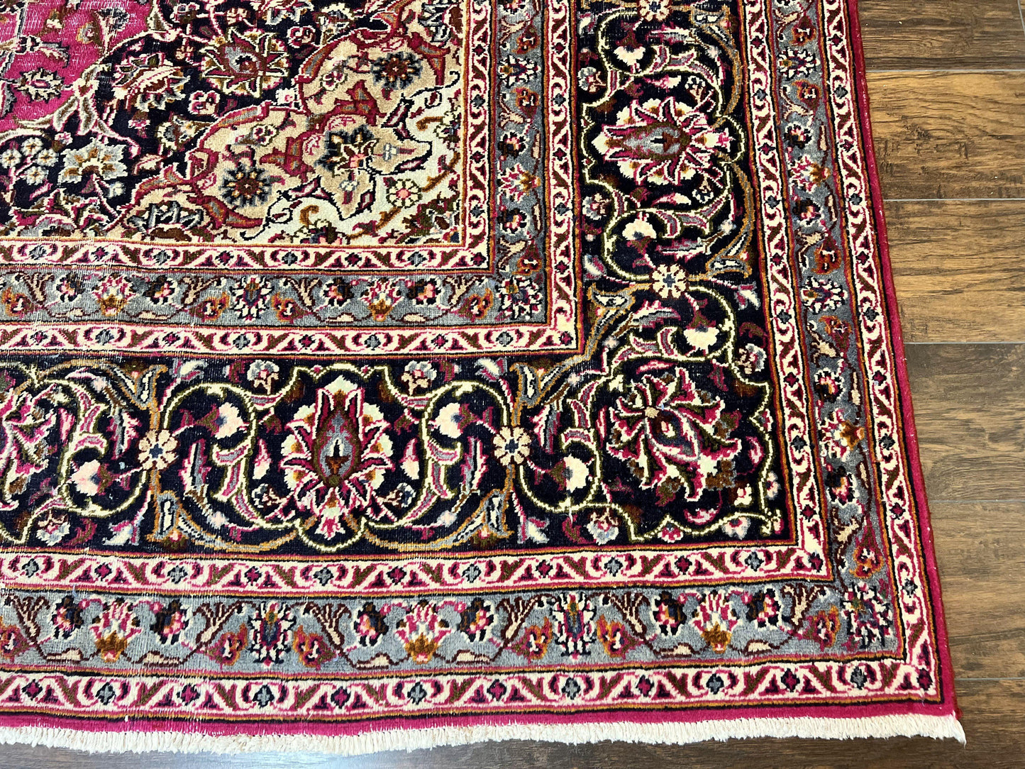 Persian Rug 10x13 Hand Knotted Wool Kashmar Carpet With Floral Medallion In Raspberry Red And Navy Blue