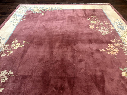 Indo Chinese Art Deco Rug 9x12, Pink and Ivory, Open Filed, Floral, Wool