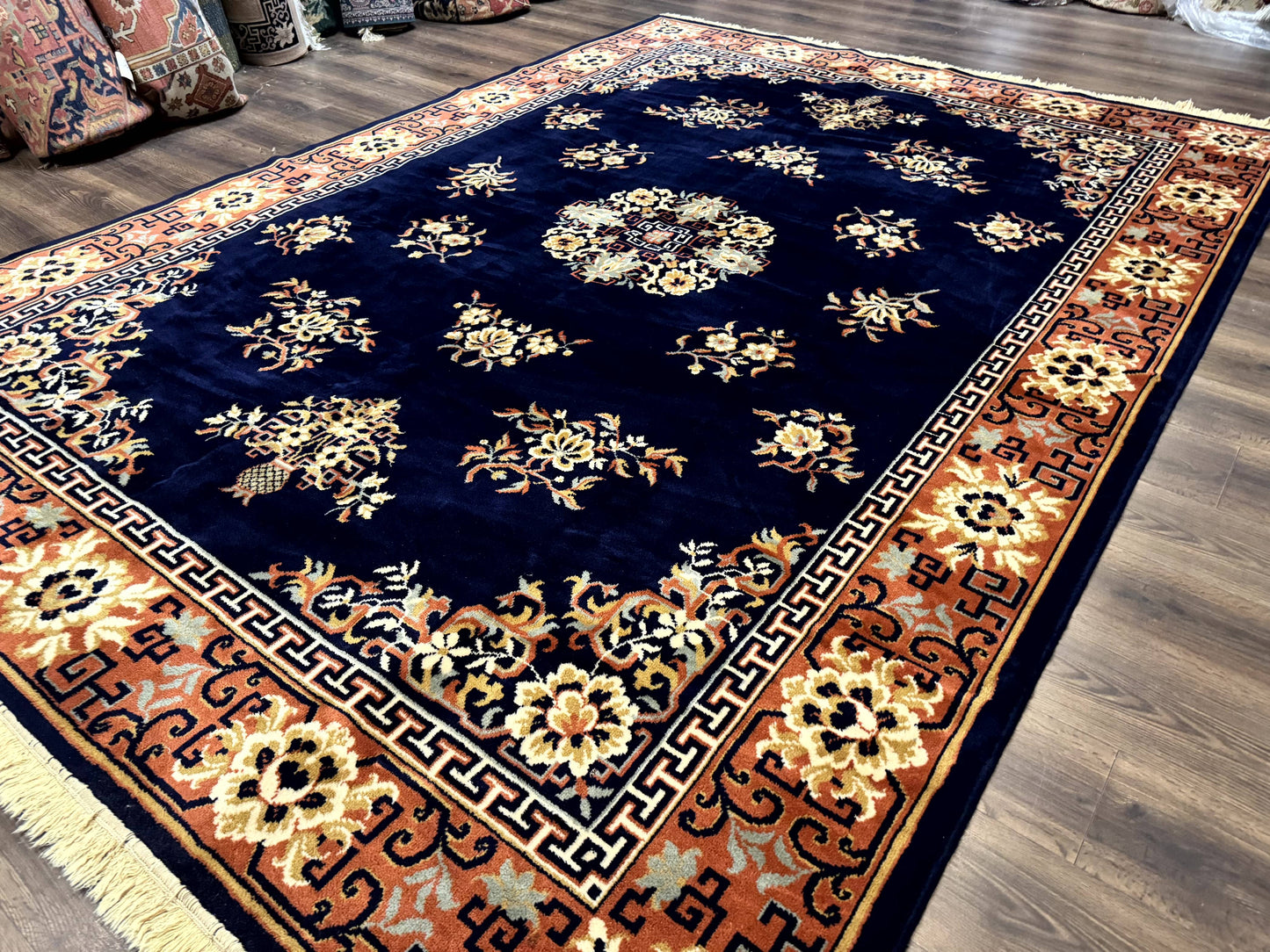Vintage Chinese Wool Rug 8x11 in Navy Blue and Terracotta Floral Design, Couristan Power-Loomed