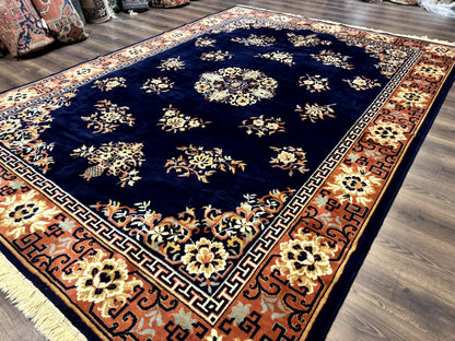 Vintage Chinese Wool Rug 8x11 in Navy Blue and Terracotta Floral Design, Couristan Power-Loomed