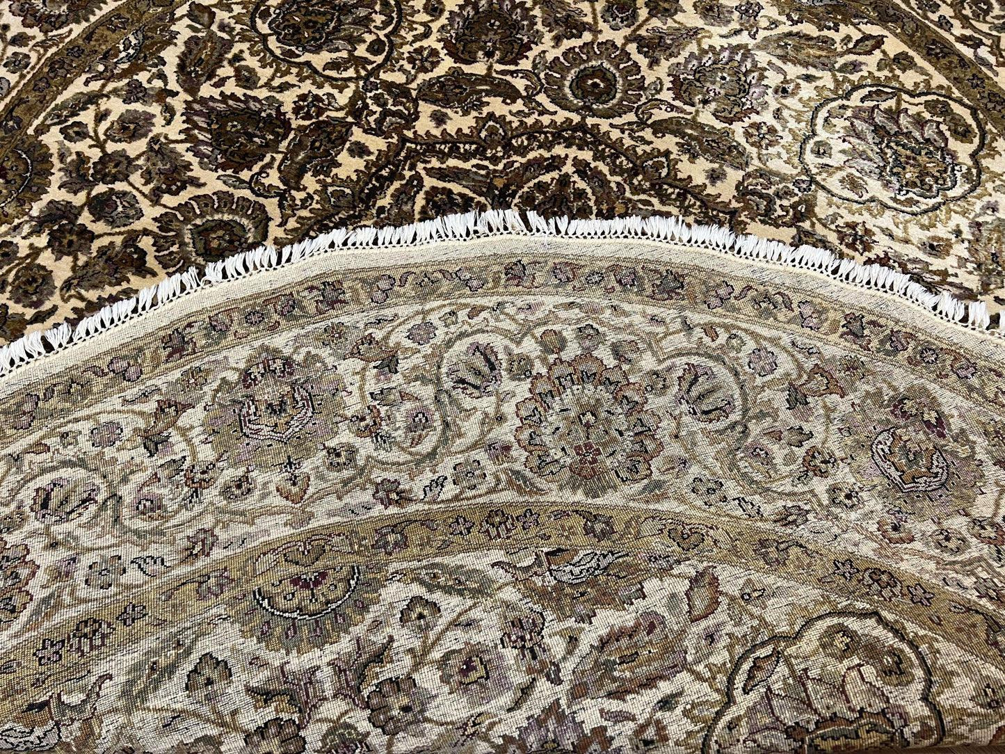 Round Indo Persian Rug 8 by 8 ft Hand Knotted Vintage Wool Circular Carpet Floral Medallion Cream and Green