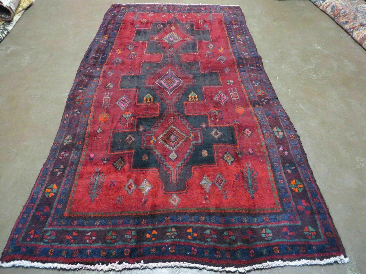 Antique Handmade Wool Rug India Geometric Oriental Vegetable Dyes 4x8 Vintage