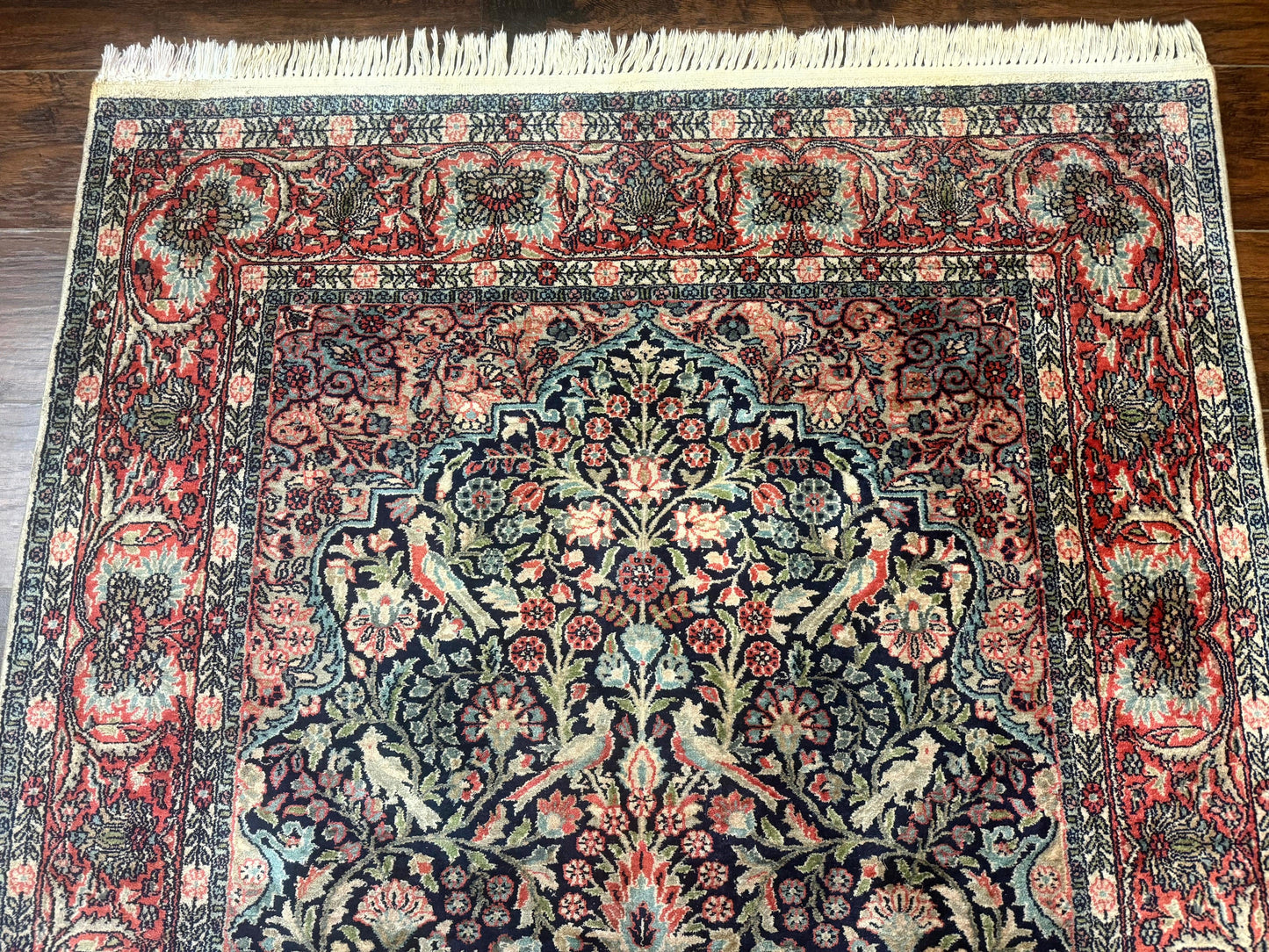 Kashmiri Silk Rug 4x6 Tree Of Life Birds Handmade Navy Red Oriental Carpet