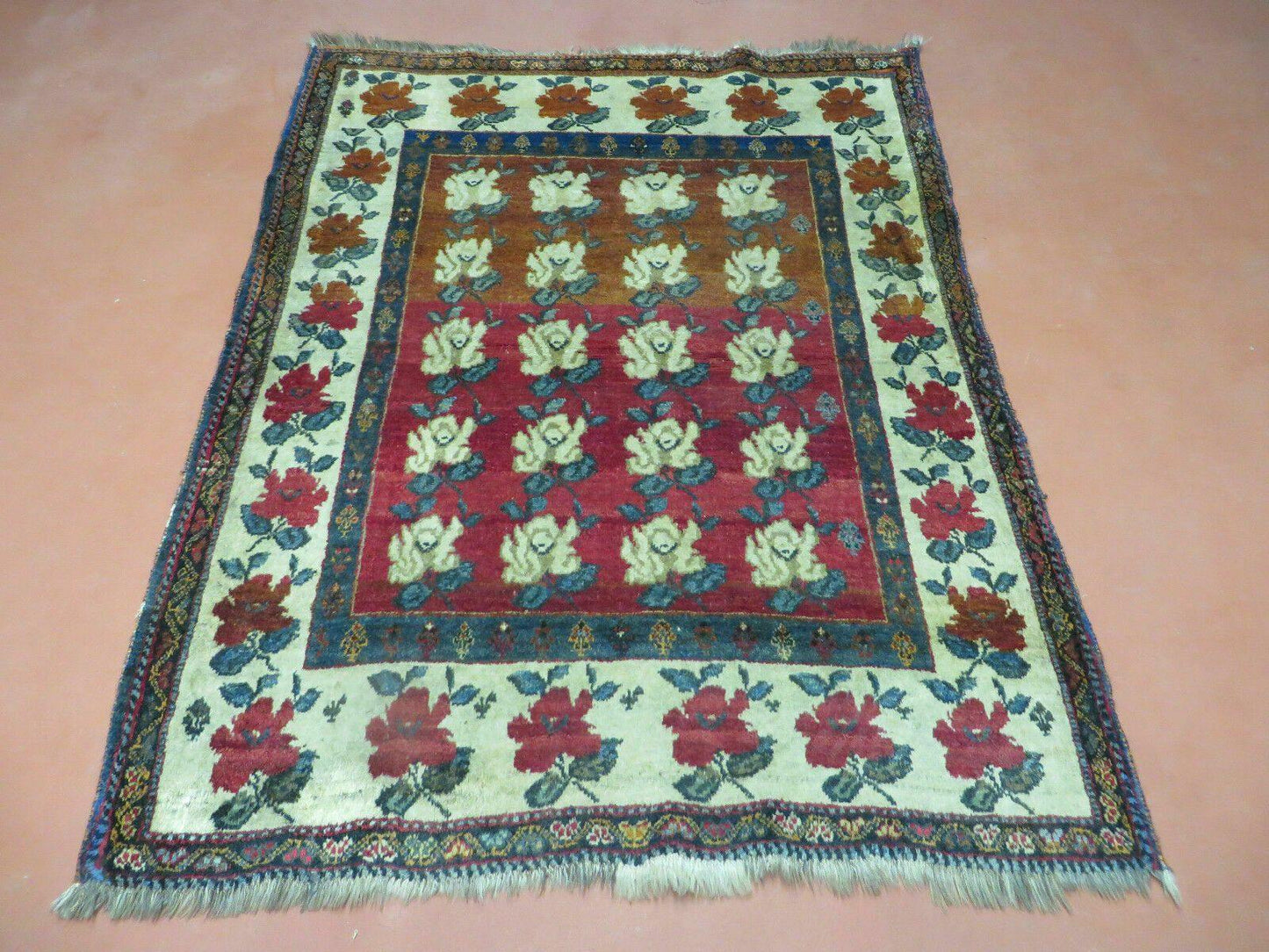 Turkish Floral Wool Rug Handmade Semi Antique 45x58 Inches