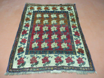Turkish Floral Wool Rug Handmade Semi Antique 45x58 Inches