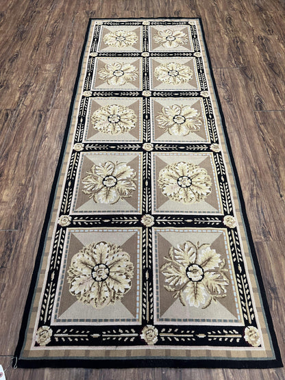 Needlepoint Runner Rug 3x8 Panel Design Rug, Flatweave Runner Rug, English Design, Floral, Short Runner Rug, Black and Beige Wool Hand-Woven