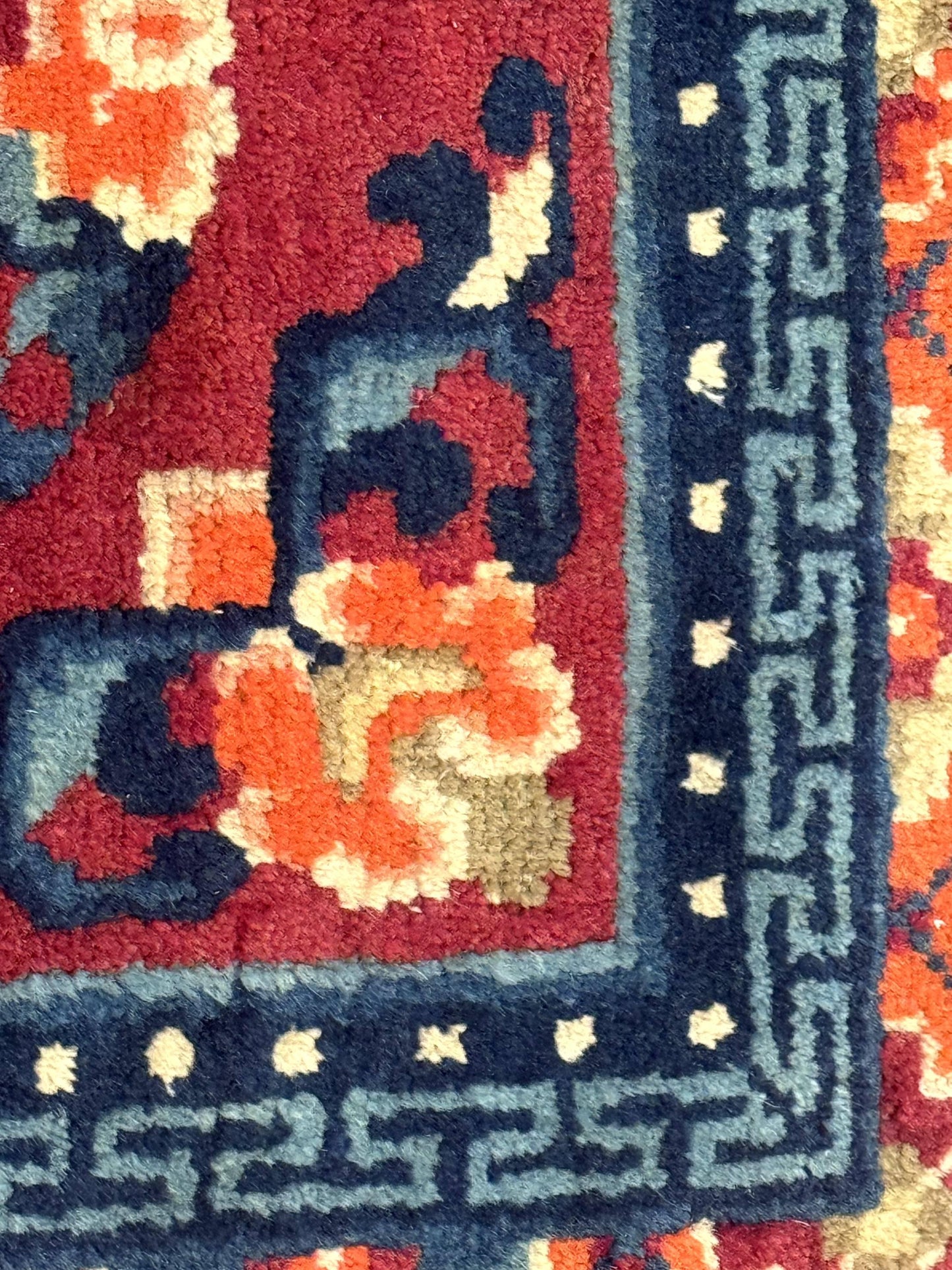 Small Antique Chinese Square Rug 2x3, Tibetan Rug, Red Orange Blue, 1920s Rug