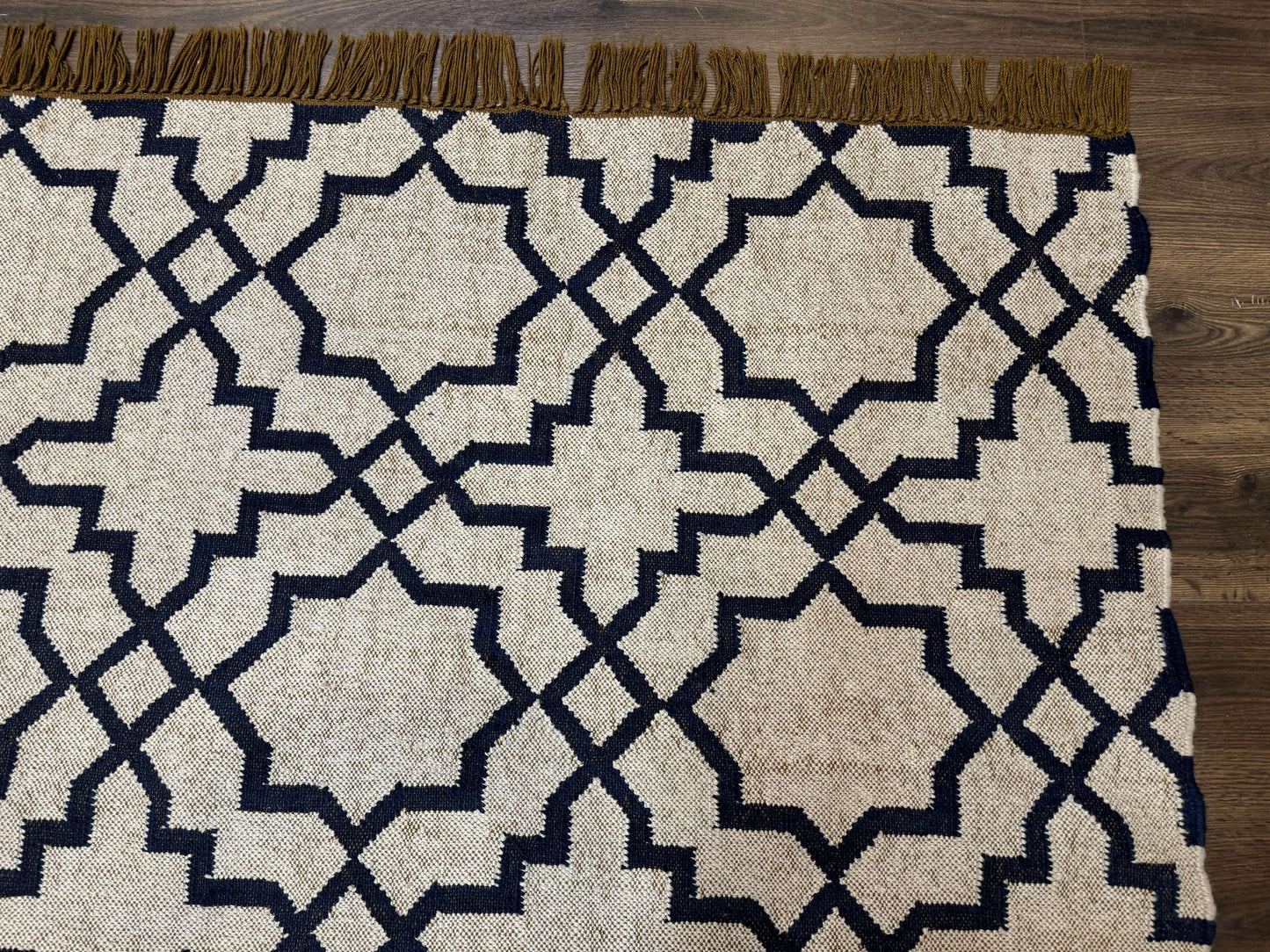 Indian Kilim Rug 8x10 Handwoven Wool Dhurrie Carpet Oat And Navy Blue