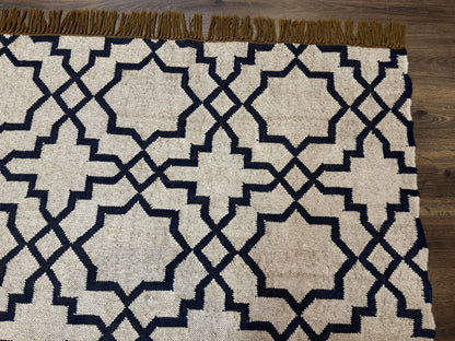 Indian Kilim Rug 8x10 Handwoven Wool Dhurrie Carpet Oat And Navy Blue