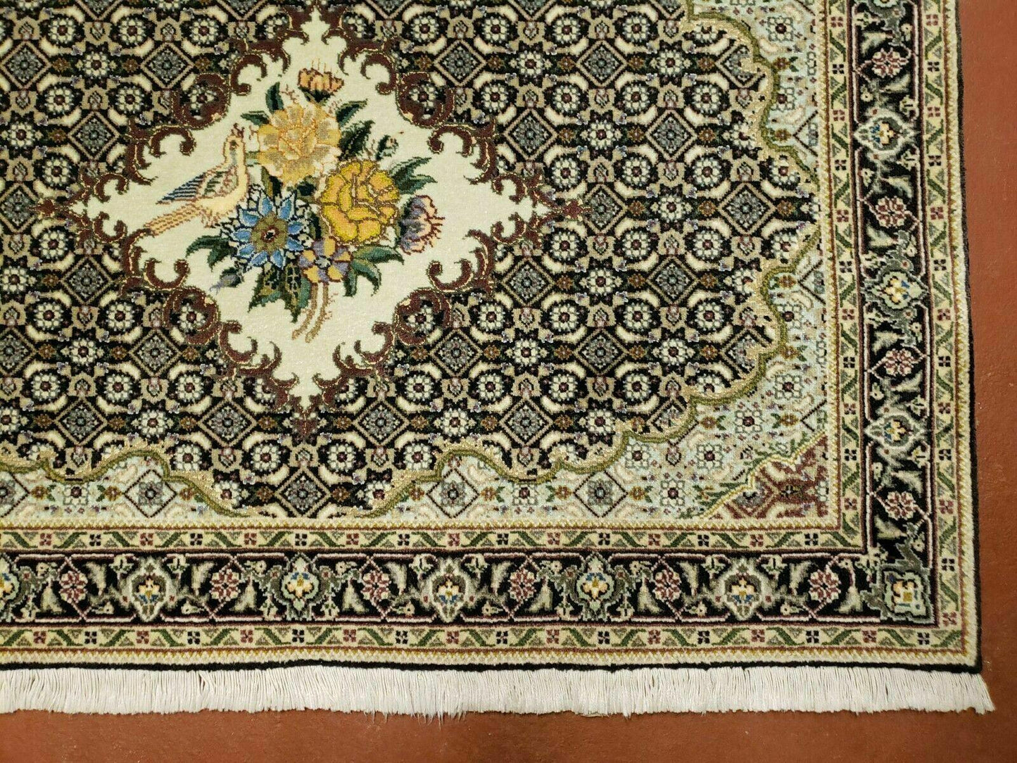 Small Persian Rug 2.4 x 3, Birds and Flowers, Finely Hand Knotted