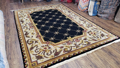 Aubusson Rug Hand Knotted Wool Nepalese 6x9 Black Cream Savonnerie Pattern