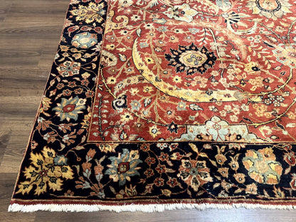 Indian Agra Rug 9x11, Terracotta and Navy Blue, Sickle Leaf Rug