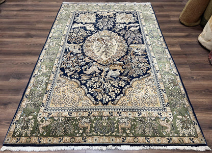 Persian Qum Rug 6x9 Hand Knotted Tree Of Life Oriental Carpet Navy Blue Green