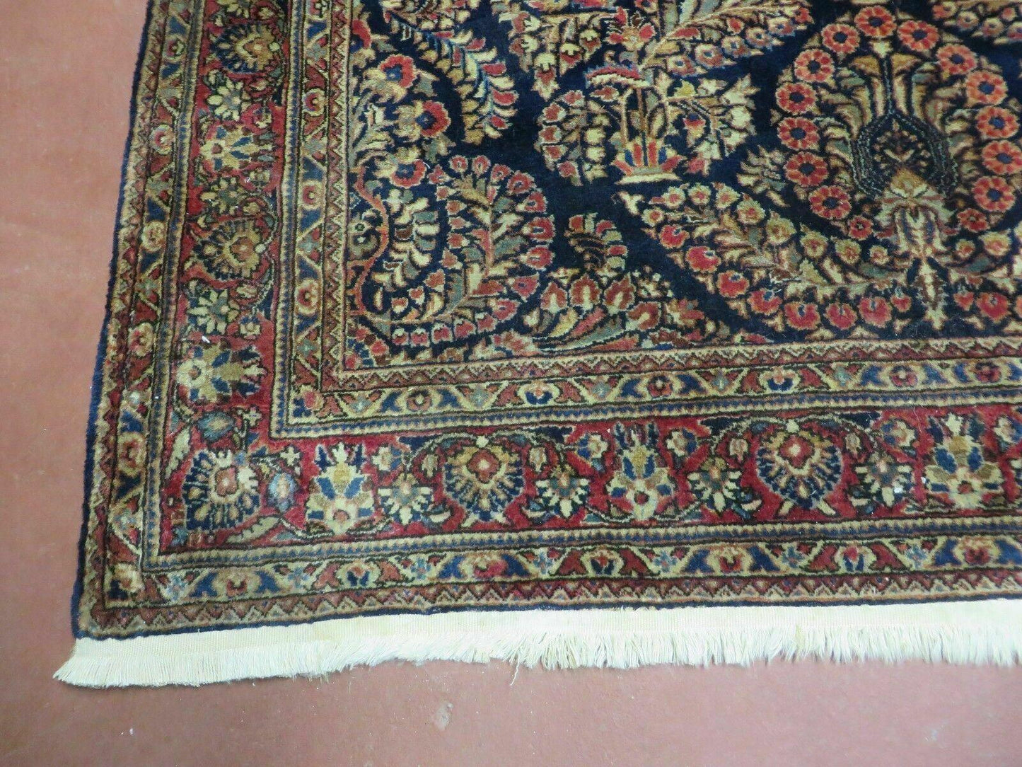 Antique Persian Sarouk Rug 4x6 Hand Knotted Wool Floral Oriental Carpet Navy And Red