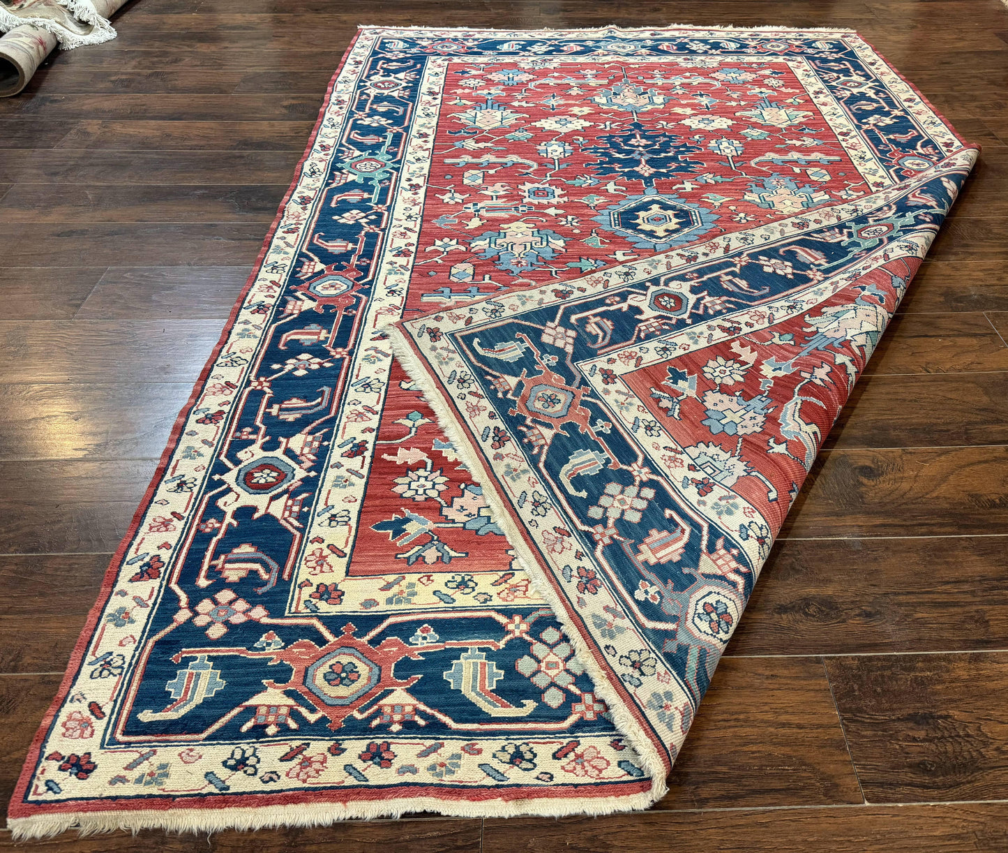 Turkish Flatweave Rug Heriz Design 6x9 Vintage Handknotted Wool Red Blue