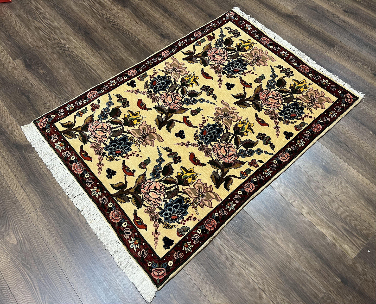 Persian Bidjar Rug 3.6 x 5 ft, Repeated Floral Motifs, Roses and Birds, Cream Burgundy, Fine Wool Oriental Bijar Carpet, Vintage Traditional Area Rug