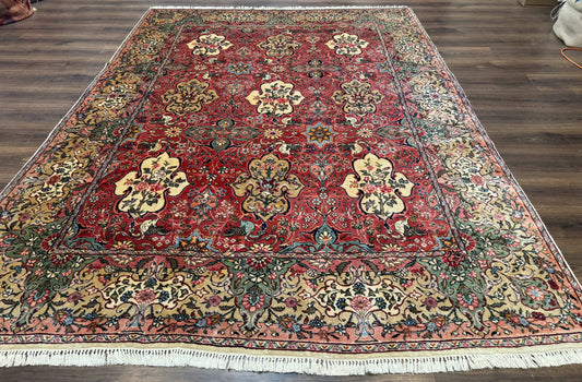 Antique Tabriz Persian Rug 7x10, Red Cream Tan, Unique Design, Fine 270 KPSI, Birds, Floral