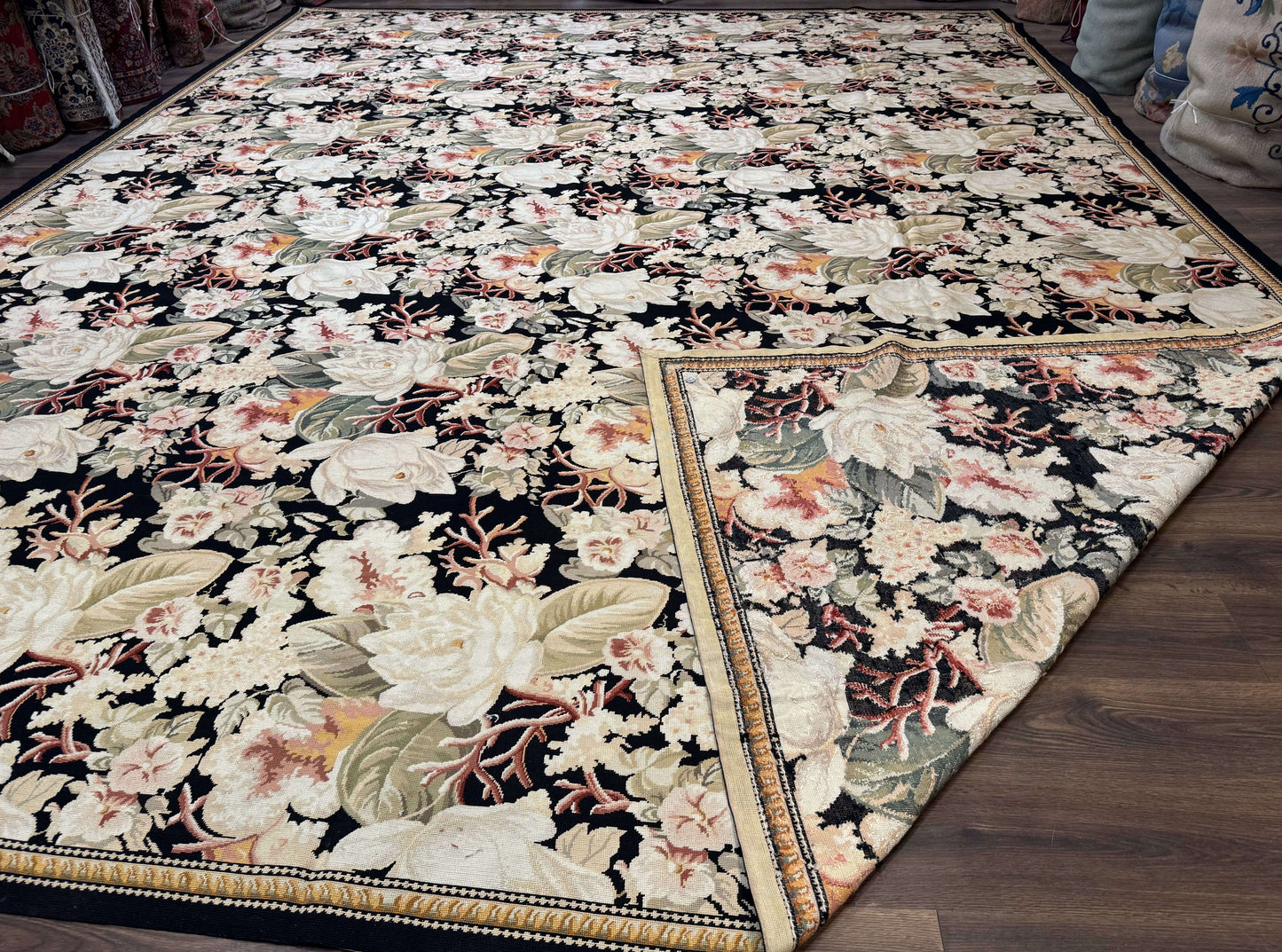 Palace Size Needlepoint Rug 13x17, Extra Large Wool Floral Handmade Carpet, European Design, Botanical