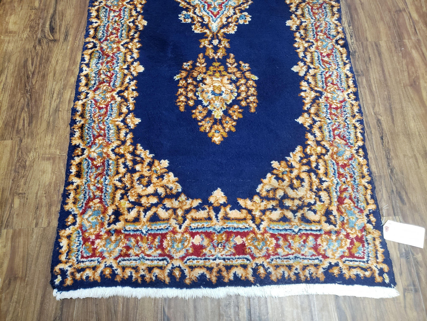 Semi Antique Dark Blue Persian Kerman Runner Hand Knotted Wool Open Field Medallion